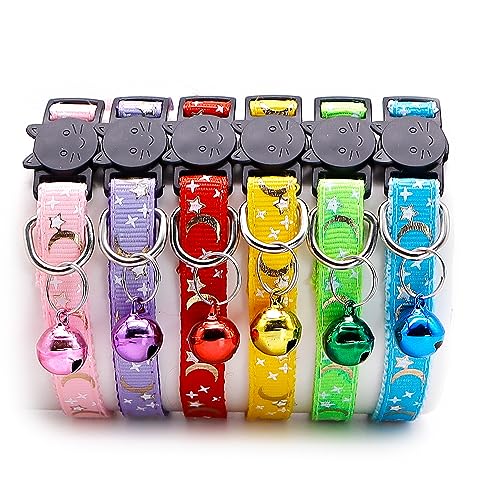 Reflective Cat Collars Breakaway with Bell 2-Pack Girl Boy Pet Kitten Collar with Star Moon Patetrn Adjustable 7.5-12.5 Inch (Yellow) - color: Yellow