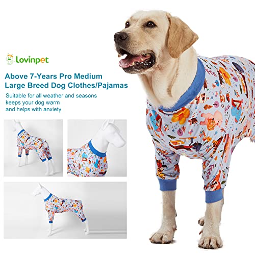 LovinPet Pajamas for Big Dogs, Pet Anxiety Relief, Sun Protection Dog Pajamas, Lightweight Stretchy Knit Fabric, Woodland Musicians Print, PJ's for Dogs, Stop Shedding for Dogs, Pet PJ's, XL - size: X-Large