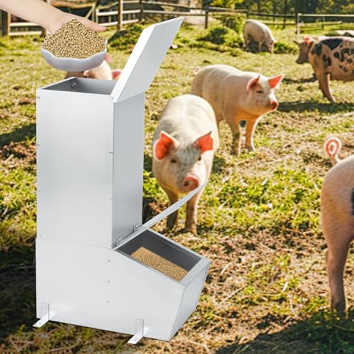 1.5 Bushel Hog Feeder, Automatic Single Door Pig Trough with Heavy Duty Galvanized Steel, Multipurpose Livestock Feeder for Supplemental Feeding and Outdoor Use (Single Door)