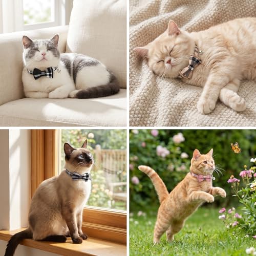 6 Pcs Cat Collar Breakaway with Bow Tie and Bell Kitten Collars Removable Bowtie Plaid Cat Collar for Cats Kittens Puppy (Classic) - style: Classic