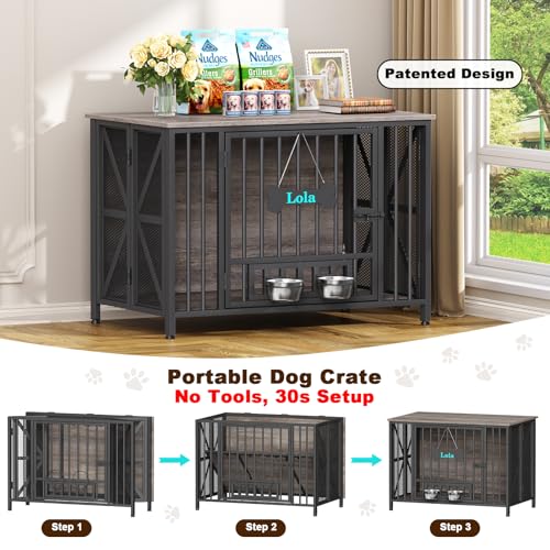 EasyCom Foldable Dog Crate Furniture, 41.3" Dog Crates for Medium/Large Dogs, Wooden Dog Kennel Indoor with Tag & Adjustable Bowls, Dog Cage Use as End Table/TV Stand, Oak Grey - color: OAK Grey, size: 41.3"W × 25.6"D × 28.6"H