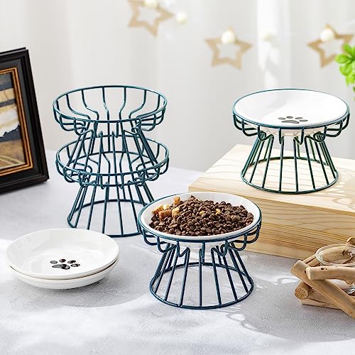 Roshtia 4 Sets Elevated Cat Bowls Ceramic Raised Cat Food Bowls with Metal Stand Dishwasher Safe Dishes Non Slip Elevated Food Plate(Green,Paw) - color: Green