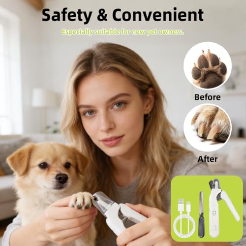 2 in 1 Dog Nail Clippers and Grinder with 2 LED Light, Cat Nail Trimmer with Safety Guard, Avoid Overcutting & Splashing, Painless Quiet Pet Nail File, Professional Grooming Tool for Large Small Pets