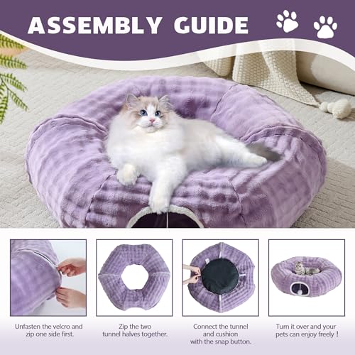 Bubble Cat Tunnel for Indoor Cats, Round Peekaboo Cave Toy with Dangling Balls, Donut Tunnel Bed with Circle Mat for Puppy Kitten Rabbit, Dusty Purple - color: Dusty Purple
