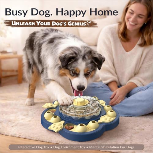 Dog Puzzle Toy, 3 Levels of Step-by-Step Challenge, Spin to Release Treat Dispenser, Slow Feeder & Mental Stimulation Enrichment Toy for Small Medium Large Dogs - color: Sunflower Blue