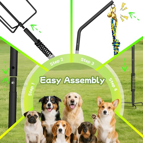 Tether Outdoor Dog Rope Toy with Adjustable Height Spring Pole, 3 Kinds Dog Tug of War Toys for Self Play and Interactive in Park, Yard, Lawn Rope, Suitable for Energetic Dog(45″)