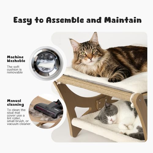 Double-Layer Cat Hammock Bed, Wooden Elevated Cat Beds with Natural Sisal Scratching Mat, Cats Scratcher Bed with Removable Soft Cushion, Cats Scratching Beds with Wood Frames - color: Narual Wood (Double Layers)