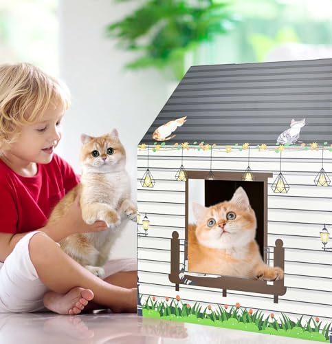 Cardboard Cat House with Scratcher 16"x 13"x19" Cat Scratch House for Indoor Cats’ Birthday Large Cat Scratcher Box