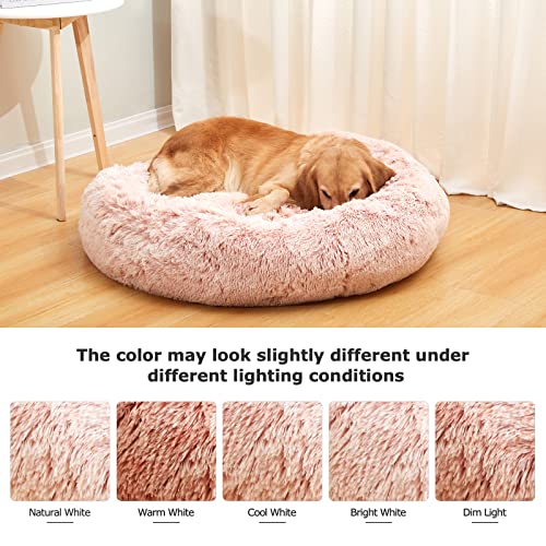 Bedfolks Calming Donut Dog Bed, 30 Inches Round Fluffy Dog Beds for Medium Dogs, Anti-Anxiety Plush Dog Bed, Machine Washable Pet Bed (Pink, Medium) - color: Pink, size: 30.0"L x 30.0"W x 8.0"Th