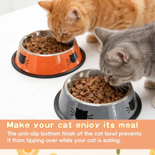 Cute Cat Bowl, Cat Face Print Non-Slip Stainless Steel Pet Food Water Bowl for Cats & Small Dogs(Gray-White) - color: Grey+White