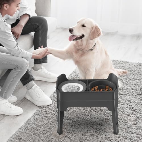 4-in-1 Elevated Slow Feeder Dog Bowls, 4 Height Adjustable Mess Proof Raised Dog Bowl Stand with No Spill Water Bowl, Stainless Steel Doggy Food Dish & Slow Feeder for Large Medium Small Pets - color: Grey, size: Water Bowl + Stainless Steel Bowl + Slow F