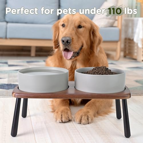 SPUNKYJUNKY Ceramic Elevated Dog Bowls Raised with Acacia Bamboo Wooden Stand, 8.3'' Dog Food Water Bowls Set Non-Slip for Medium Large Sized Breed Microwave Dishwasher Safe - 60 OZ,Grey - color: Grey, size: 8.3 in - Dual