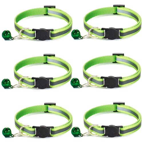 6 Pack Reflective Cat Collar with Bell, Breakaway and Safe Collars for Cats, Nylon, Pet Collar Adjustable19-32cm (Fluorescent Green) - color: Fluorescent Green
