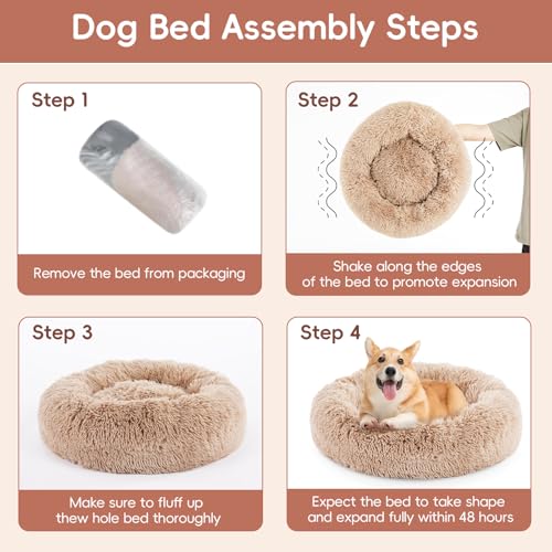FluffyDream 24 Inch Donut Bed for Dogs, Calming, Brown, Washable, Plush Fur Dog Cuddle Bed - color: Brown, size: Donut - 24''L x 24''W x 8''H
