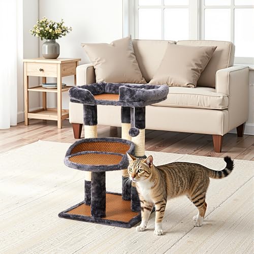 Fansafurn Multi-Level Cat Tree for Indoor Cats, Modern Cat Tower with Double Beds & Scratching Posts, 27 in Cute Cat Tree for Large Cats and Kitten, Small Cat Climbing Tower with Hanging Toys, Grey - color: Grey