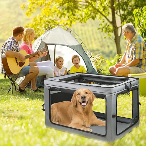 MEGHNA Dog Crate Portable Collapsible Lightweight Soft Sided Folding Travel Dog Kennel Double Door Collapsible 620D Oxford Fabric Cage (Grey, Large) - size: Large