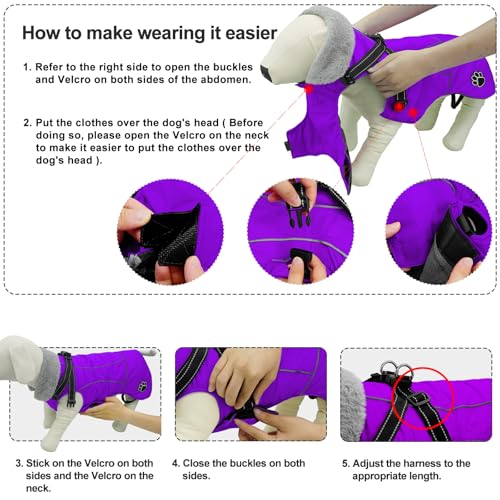 Dog Jacket Waterproof Dog Coat with Harness Built in, Christmas Puppy Winter Coat Reflective Turtleneck Puffer Snow Jackets for Small Medium Large Dogs - color: Purple, size: Small
