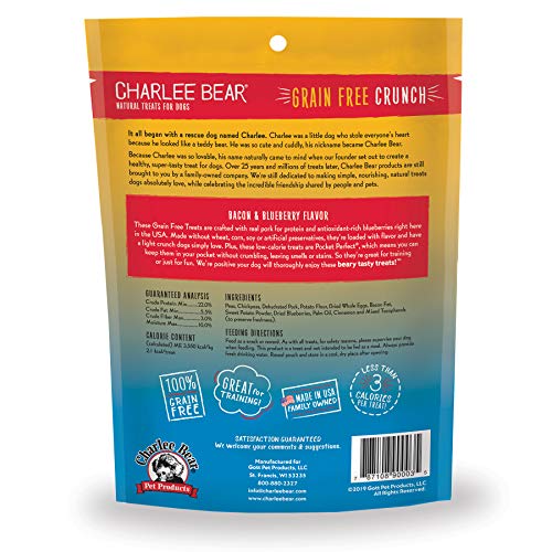Charlee Bear Crunch Grain Free Dog Treats, Bacon and Blueberry, 8 Ounce Resealable Bag, Low Calorie Training Treats for Dogs, Limited Ingredient, Healthy, Crunchy Dog Snacks, Made in USA (Pack of 2) - size: 8 Ounce (Pack of 2)