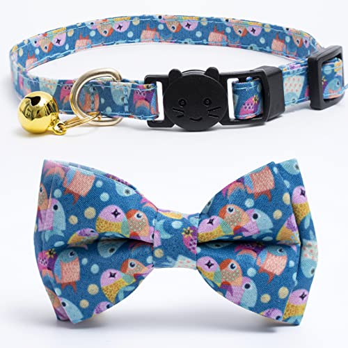 Faygarsle 2 Pack Cotton Designer Breakaway Cats Collar with Bow Tie and Bell Marine Theme Cat Collars for Girl Female Boy Male Cat Collar with Bell Fish Collars for Cats Collar Shell Pattern - color: Fish&Shell