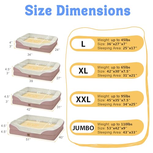 Orthopedic Foam Large Dog Bed XLarge Dog Beds with Removable Washable Cover Pet Bed with Bolster Waterproof Cover Extra Large Dogs Beds Big Size Pet - color: Pink, size: Large (36"L x 27"W x 7"Th)