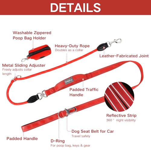 6FT Heavy Duty Dog Leash for Small Medium Large Dogs, Tangle Free Reflective Dog Training Leash with Double Handle, Seat Belt Buckle & Poop Bag Holder (Red) - color: Red, size: 6FT