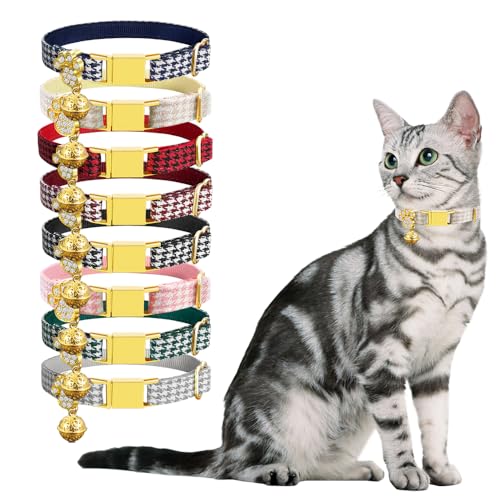 Personalized Breakaway Cat Collars - Magnetic Buckle, Bell - Safety Quick Release, Customized for Girls & Boys Cats- (Houndstooth-Khaki) - color: Houndstooth-Khaki