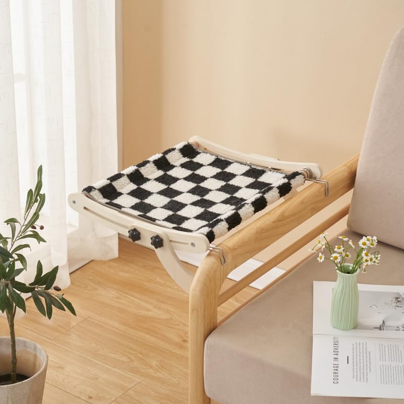 Cat Window Perch, No Screws Easy to Adjust & Assemble, Adjust Wooden Seat for Kitten Bedside Windowsill, Wooden Cats Furniture - color: Black and white flannel