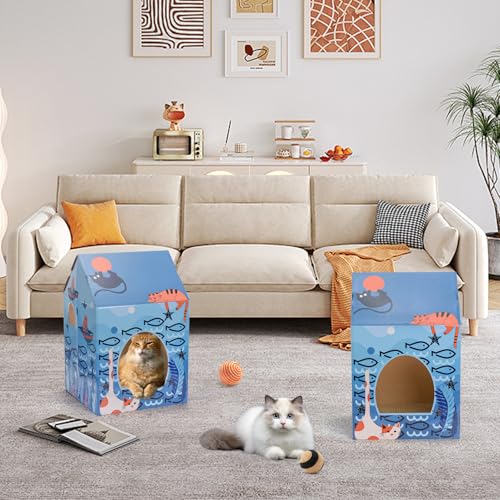 Lawei 2 Pack Cardboard Cat Houses with Scratch Pads, Sturdy Cats Play Scratching House for Indoor Hideaway Furniture, Cute Scratching Box Toy for Cat Birthday, Bunny Small Pet Bed, Easy Assembly