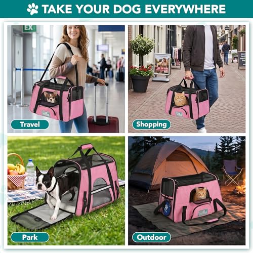 PetAmi Airline Approved Pet Carrier for Cats & Small Dogs, Soft Sided TSA Travel Carrier Bag with Sherpa Bed, Breathable Mesh Ventilation, Collapsible Bowl, Fits Under Seat, Up to 18 lbs, Large Pink - color: Pink, size: Large - 19.5"L x 10.2"W x 12"H