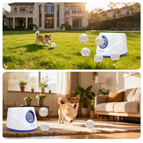 Automatic Dog Ball Launcher with 6 ETPU Balls, White, Adjustable Distance 20-45ft, USB Rechargeable, Interactive Pet Toys (Yellow) - color: Yellow-Standard