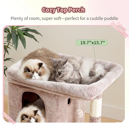 Heybly Cat Tree, 26.3-inch Cat Tower with Spacious Top Perch for Large Cats, Stair-Style Cat House Furniture with Dual-Layer Condos, Sisal Scratching Posts, Cozy Basket & Pompom, Muchroom HCT204SMU - color: Muchroom, size: 26.3 inch