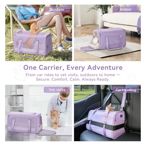 PETSFIT Soft-Sided Cat Carrier with Patented Safety Buckles, Lockable Zippers & Safety Tether,Escape-Resistant Travel Pet Carrier for Car Rides & Vet Visits, Airline Approved Under-Seat, Up to 12 lbs - color: Purple, size: Medium