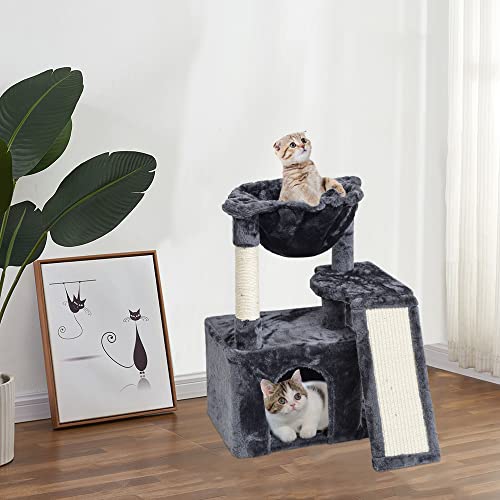 SYANDLVY 23.62" Cat Tree for Indoor Large Cats, Cat Tower with Scratching Posts & Board, Modern Cat Bed Furniture with Condo & Basket (Smoky Grey) - color: Smoky