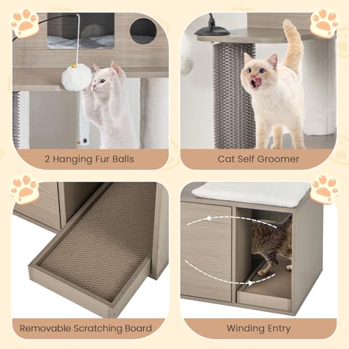 Tangkula Cat Tree with Litter Box Enclosure, Cat Tower with Litter Box, Cat Condo, Scratching Board, Soft Plush Perch, Dangling Balls, Groomer, Modern Hidden Litter Box Furniture for Indoor Cats
