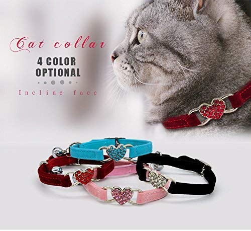 CHUKCHI Pink Soft Velvet Safe Cat Adjustable Collar with Crystal Heart Charm and Bells 8-11 Inches(Black+Red+Pink+Blue) - color: Black+Red+Pink+Blue