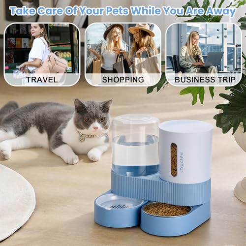 2 Pack Automatic Cat Feeder Stainless Steel Water Dispenser Gravity Food Feeder and Waterer Set with Pet Food Bowl for Small Medium Kitten Puppy Pets Large Capacity(Blue) - color: Blue