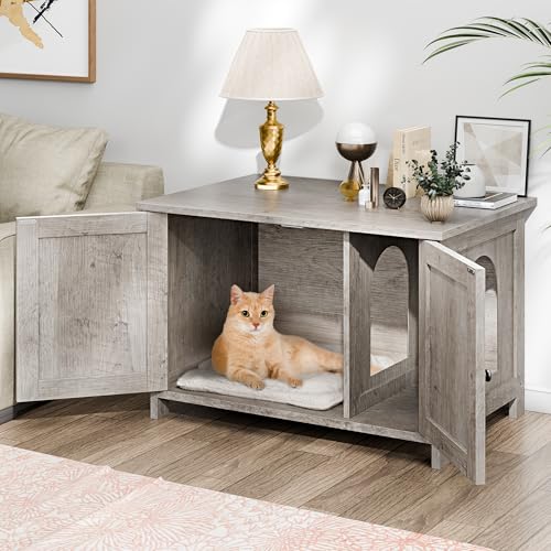 Shintenchi Cat Litter Box Enclosure, Litter Box Furniture Cabinet Hidden with Removable Divider, Wooden Cat House with End Table, Light Grey Oak, 31.5 inch - color: Light Grey Oak