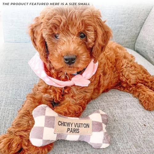 Haute Diggity Dog Chewy Vuiton Bone Plush Squeaky Dog Toy, Soft Durable Designer-Inspired Stuffed Puppy Chew Toys for Small & Medium Dogs, Machine-Washable (Tan Checker) Small - color: Brown Bone, size: Small
