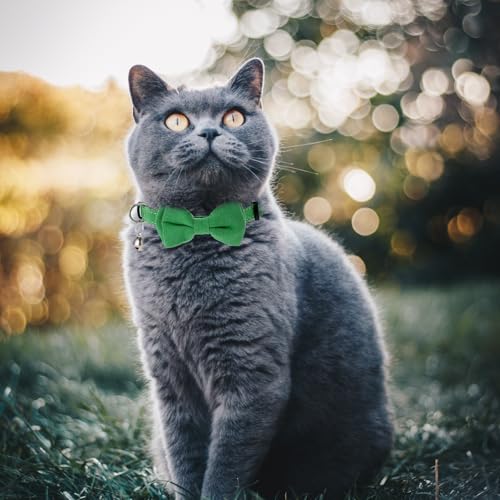 2 Pcs Bowtie Cat Collar with Bell Breakaway Cat Collars Cute Boy Kitten Collar Adjustable Small Puppy Safety Collar Solid Color Plaid Pet Collar (Green) - color: green