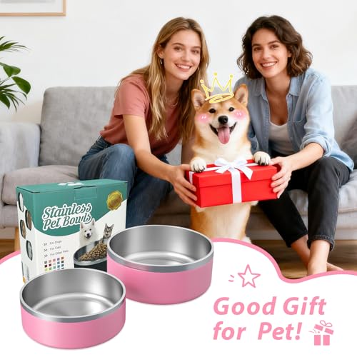 2 Pack Stainless Steel Dog Bowls, Outdoor Dog Water Bowl with Non Slip Rubber Bottom, Dishwasher Safe, Easy to Clean,40oz&64oz Pink - color: PINK