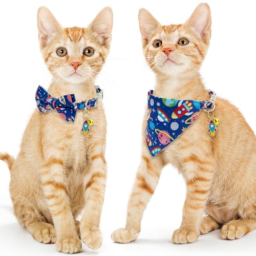 Faygarsle 2 Pack Space Theme Cat Collar Set with Bandana and Bow Tie, Breakaway Safety Buckle, Navy Blue with Rockets - color: Blue Space
