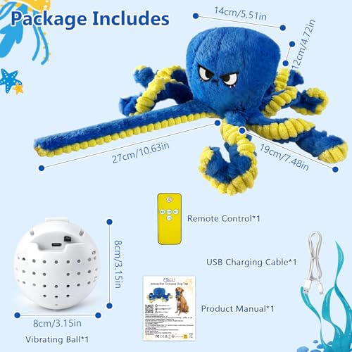 Interactive Dog Toys Octopus, Moving Dog Toy to Keep Them Busy, Durable Automatic Jumping Dog Toy Bouncing Dogs Toy Squeaky Moving Tug of War Doggie Toy for Small Medium Large Dogs (Blue)