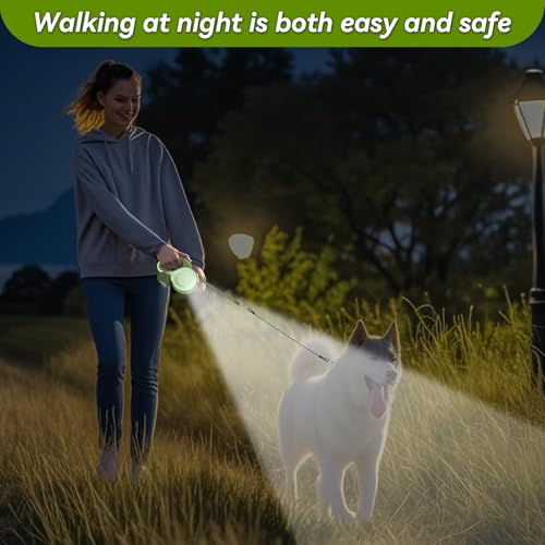 26ft Heavy Duty Retractable Dog Leash for Large Dogs, Dog Leash with Poop Bag Holder, Up to 100lbs, with LED Light, Chew Proof Cable, One-Handed Pause & Lock, 360° No Tangle. (Green, 26Ft) - color: Green