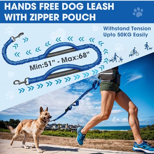 Hands Free Dog Leash with Waist Belt – No-Pull Bungee, Dual Padded Handles & Zipper Pouch for Running, Walking & Training – Adjustable Waist Leash for Large & Medium Dogs (Dark Blue) - color: Dark Blue