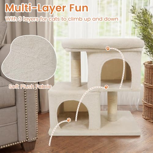 Tangkula Small Cat Tree for Indoor Cats, 25.5 Inch Cat Tower with Sisal Scratching Posts, 2 Large Cat Condos with Padded Top Perch, Modern Cat Climbing Furniture for Adult Cats & Kittens (Beige) - color: Beige