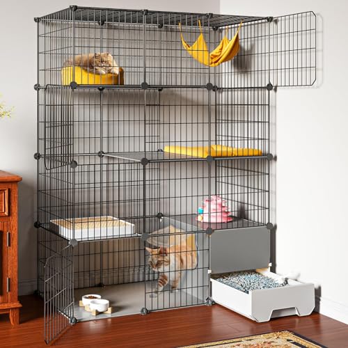 Oneluck Large Cat Cage with Litter Box, 4-Tier DIY Enclosures Detachable Metal Wire Kennel Indoor Crate Large Exercise Place Ideal for 1-2 Cats (41.3" L x 17.8" W x 55.1" H)