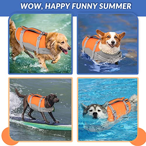 SlowTon Dog Life Jacket, Adjustable Ripstop Dog Life Vest with One Piece Belly Support Superior Buoyancy, Skin-Friendly Neoprene Pet Safety Flotation Vest for Swimming Boating(Orange M)