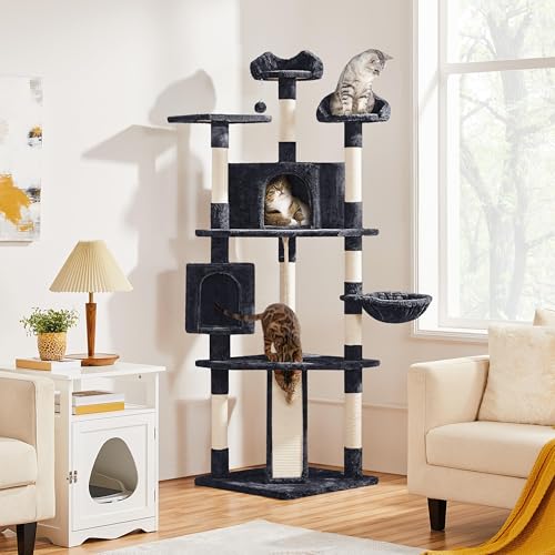 Yaheetech 79 in Cat Tree Tower, Multilevel Cat Trees Plush Covered Cat Tower with 2 Extra Large Condos, Comfy Basket, Sisal Scratching Posts - color: Black