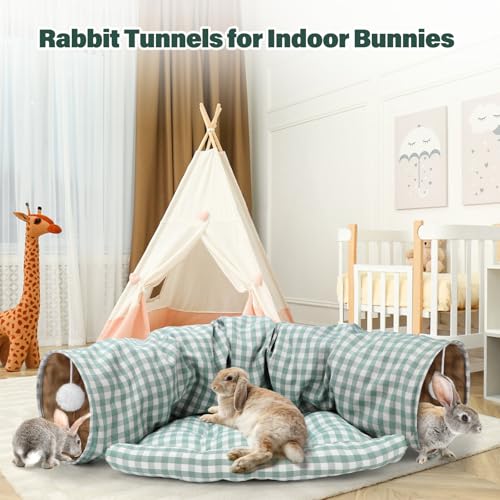 BWOGUE Bunny Tunnel Bed, 2-in-1 Collapsible Tunnel Tubes Toys with Removable Mat Hideout for Cats Kittens Rabbits Guinea Pigs Kitty (GreenPlaid) - color: GreenPlaid