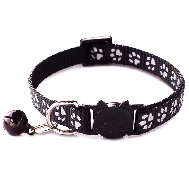 Cat Collar Breakaway Safety with Bell, Cute Reflective Paw Print Pattern (Black) - color: Black
